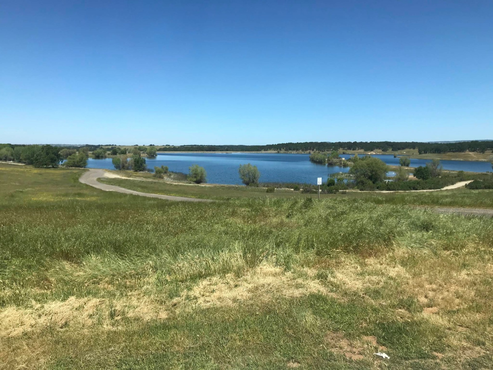 Lake Chesbro, seen from a grassy overlook with a paved trail