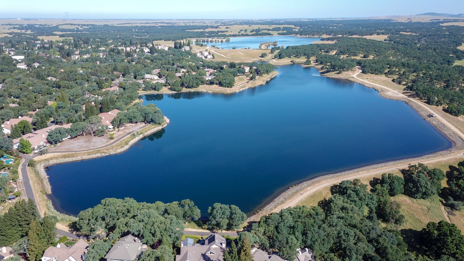 Aerial view of Lake Clementia surrounded by homes and oak trees