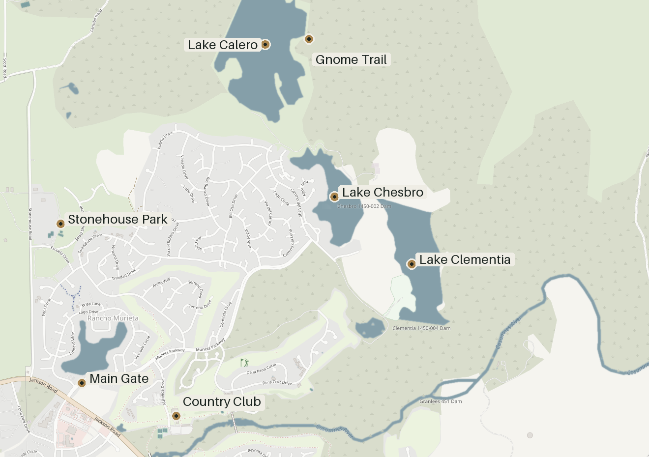 Map of Rancho Murieta marking Lake Calero, Lake Chesbro, Lake Clementia, the Gnome Trail, the Country Club, Stonehouse Park, and the main gate